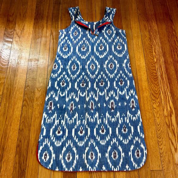 Vintage 70s Handmade Retro Patterned Blue and White Dress with Pockets Size Med - Picture 1 of 13